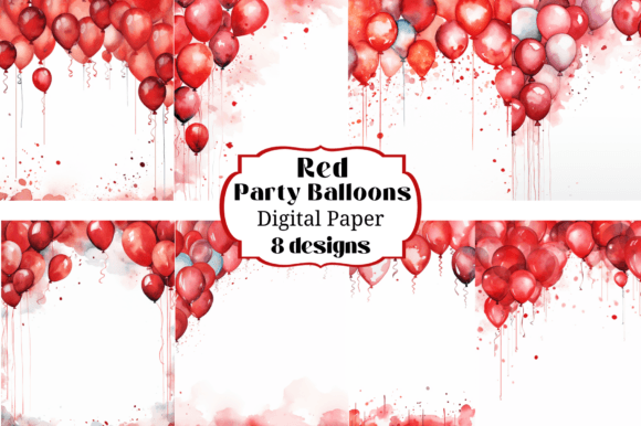 8 Red Party Balloons Digital Paper Backgrounds for Vibrant Projects